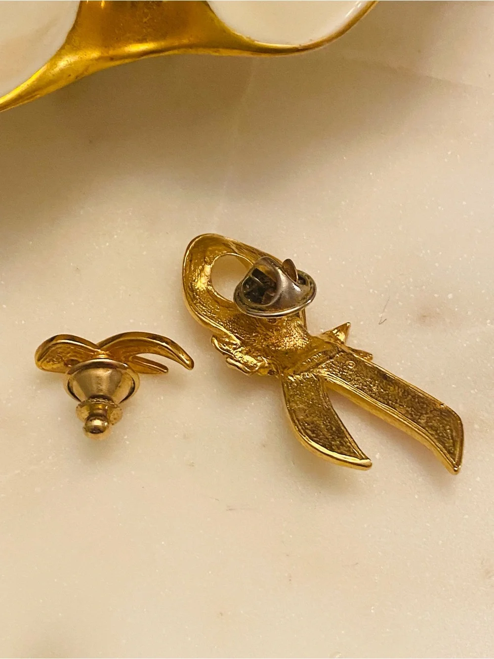 Bundle of Gold-Tone Vintage Brooches – Pink Ribbon, Pink Ribbon & Rose, & Leaf